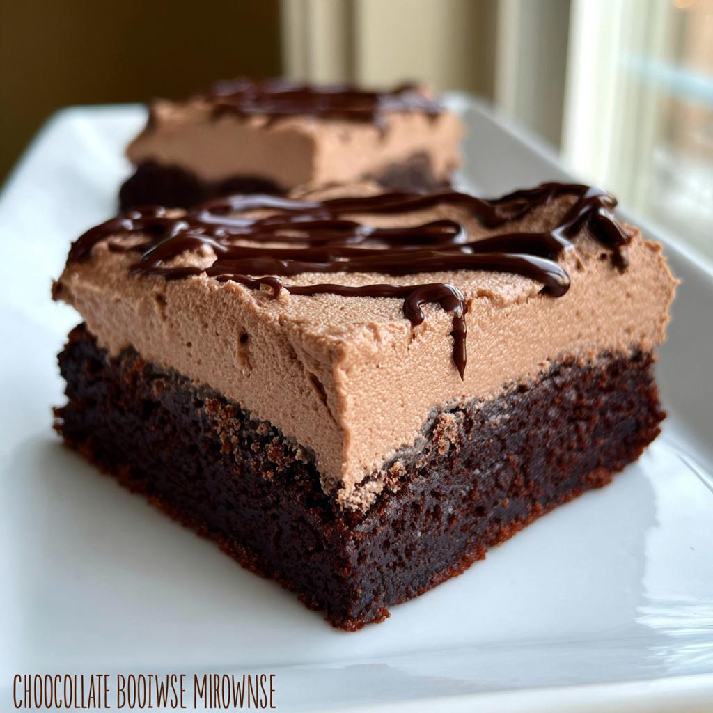 Close-up of a rich Chocolate Mousse Brownies slice, featuring a dense brownie base topped with light chocolate mousse and drizzled with chocolate ganache.