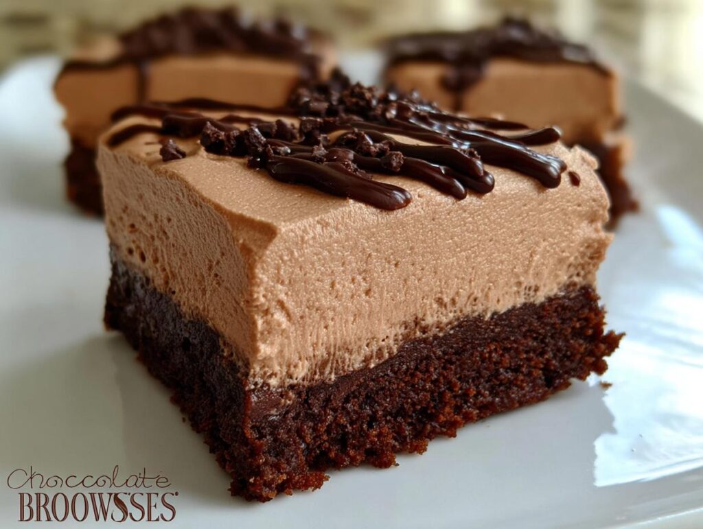 A close-up of a rich Chocolate Mousse Brownies slice, featuring a dense brownie base topped with creamy chocolate mousse and drizzled with chocolate.