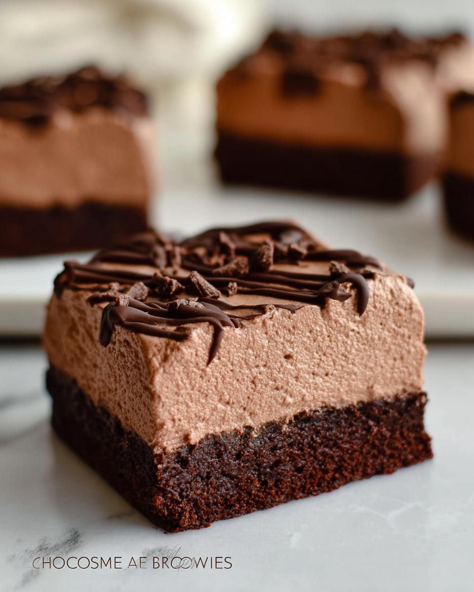 A close-up of a rich Chocolate Mousse Brownie, featuring a dense brownie base topped with creamy chocolate mousse and drizzled with chocolate ganache.