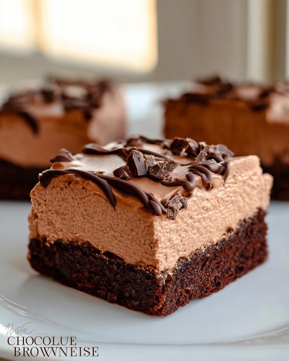 A decadent slice of Chocolate Mousse Brownies with a rich chocolate mousse topping and chocolate drizzle.