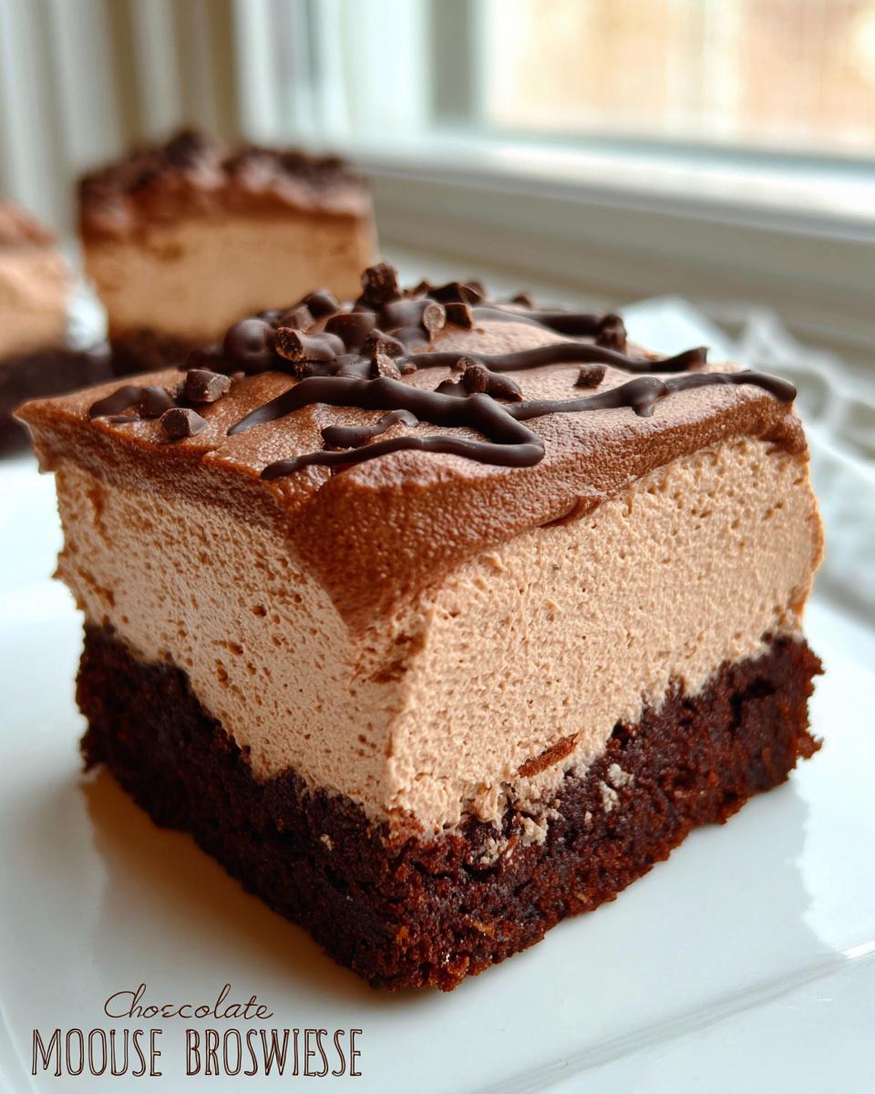 A close-up of a rich Chocolate Mousse Brownies slice, featuring a dense brownie base topped with creamy chocolate mousse and chocolate chips.