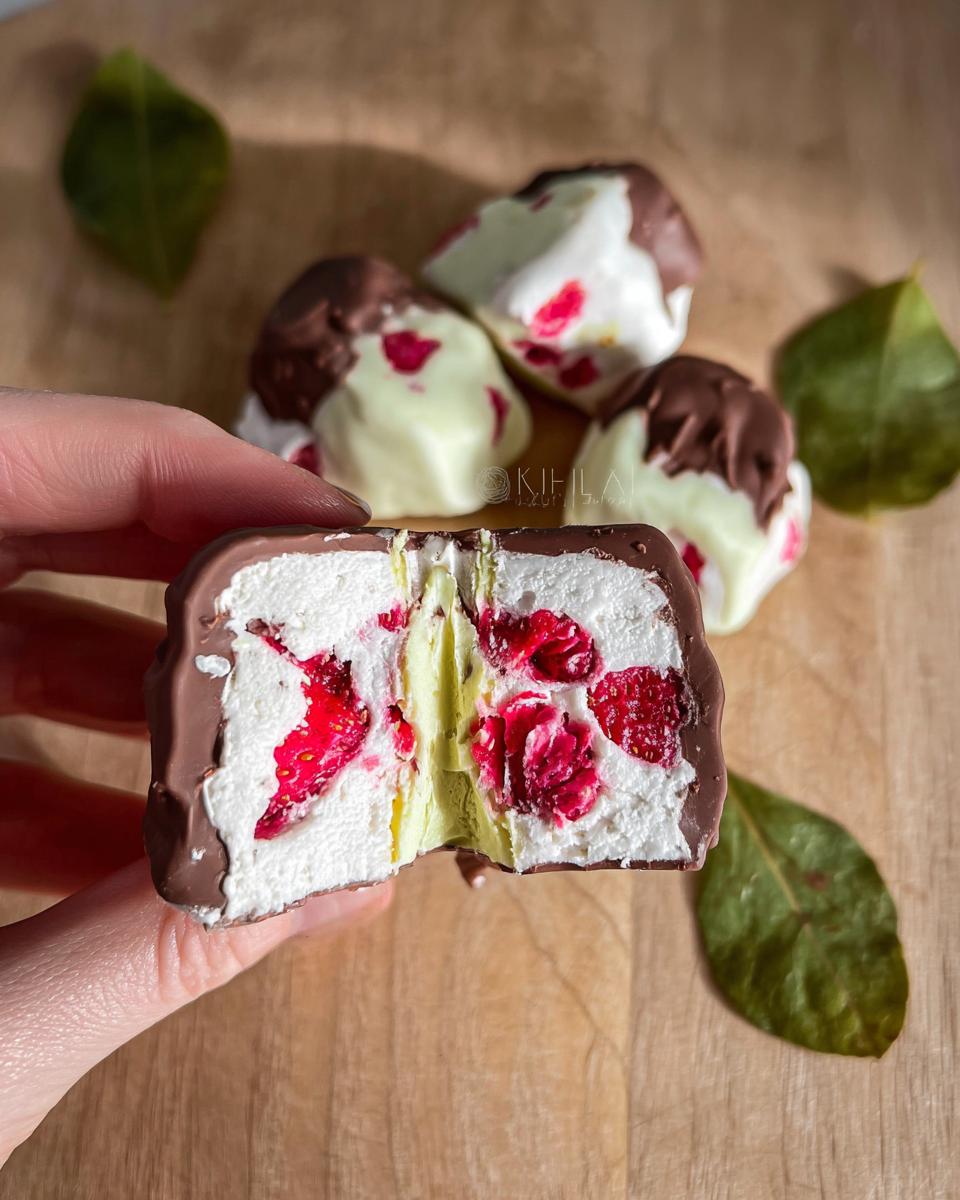 A cross-section of a chocolate-covered strawberry yogurt cluster, revealing creamy yogurt, fresh strawberries, and a hint of green.