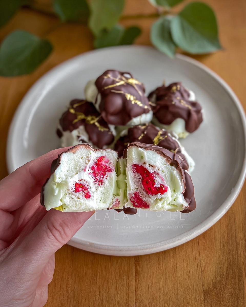 A hand holds a halved Chocolate Strawberry Yogurt Cluster, revealing fresh strawberries inside the creamy yogurt and chocolate coating.
