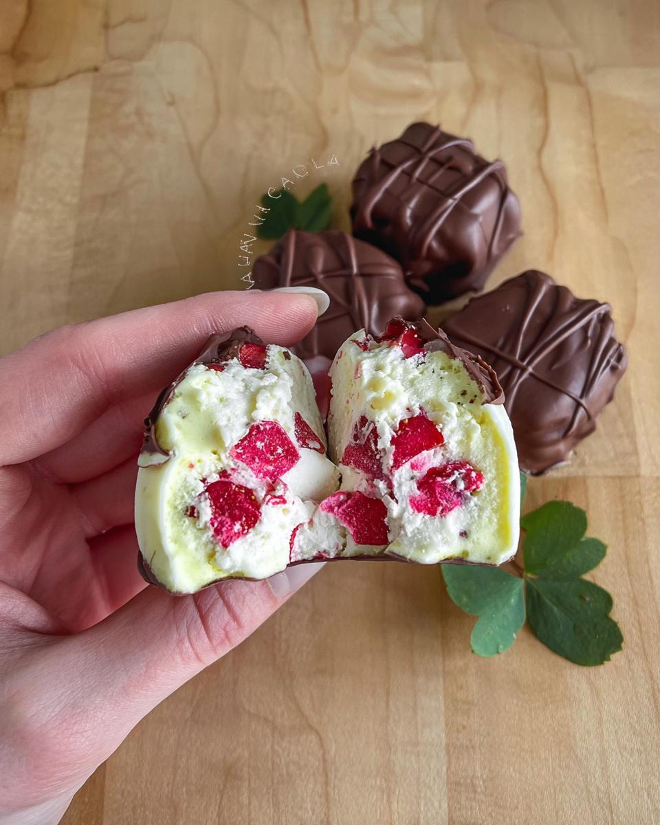 A hand holds a halved Chocolate Strawberry Yogurt Cluster, revealing a creamy yogurt interior with vibrant red strawberry pieces.