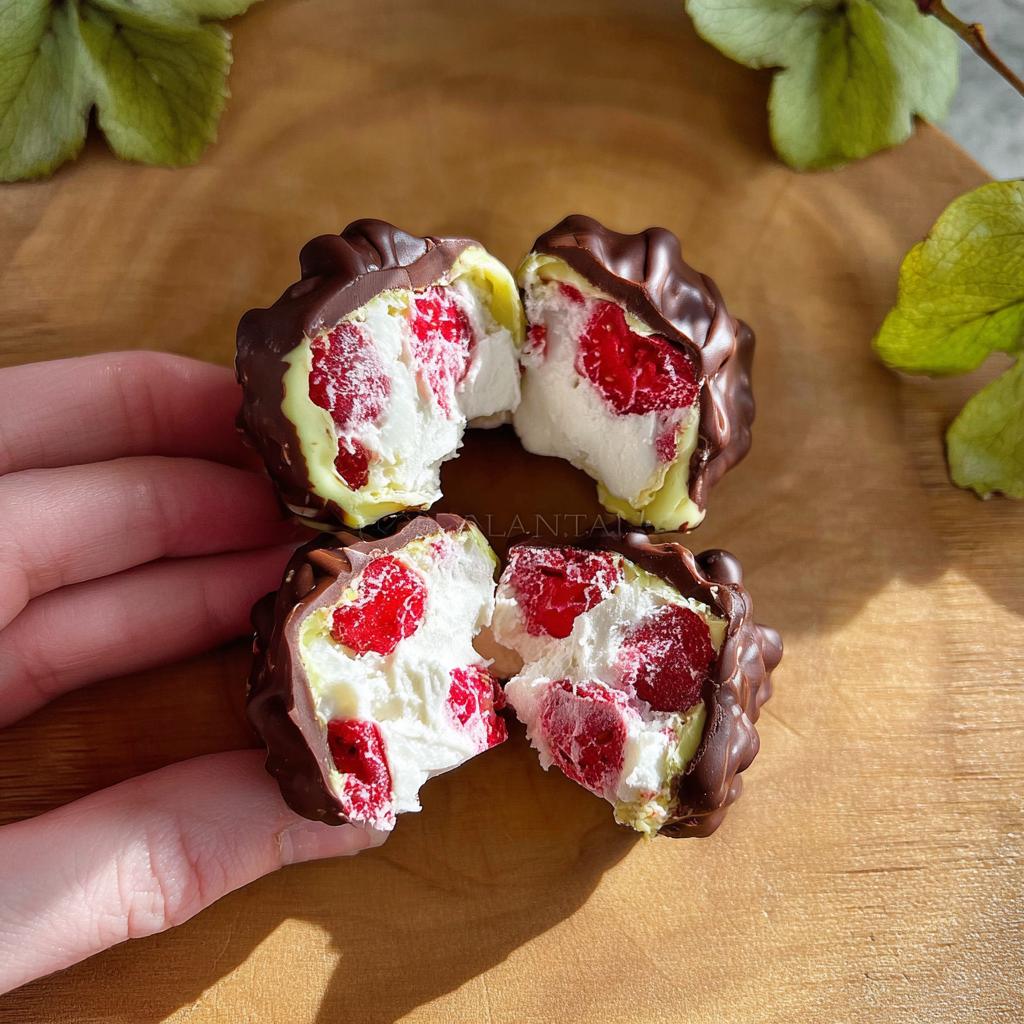 A close-up of chocolate-covered yogurt clusters filled with strawberries, cut in half to show the creamy interior and fruit.