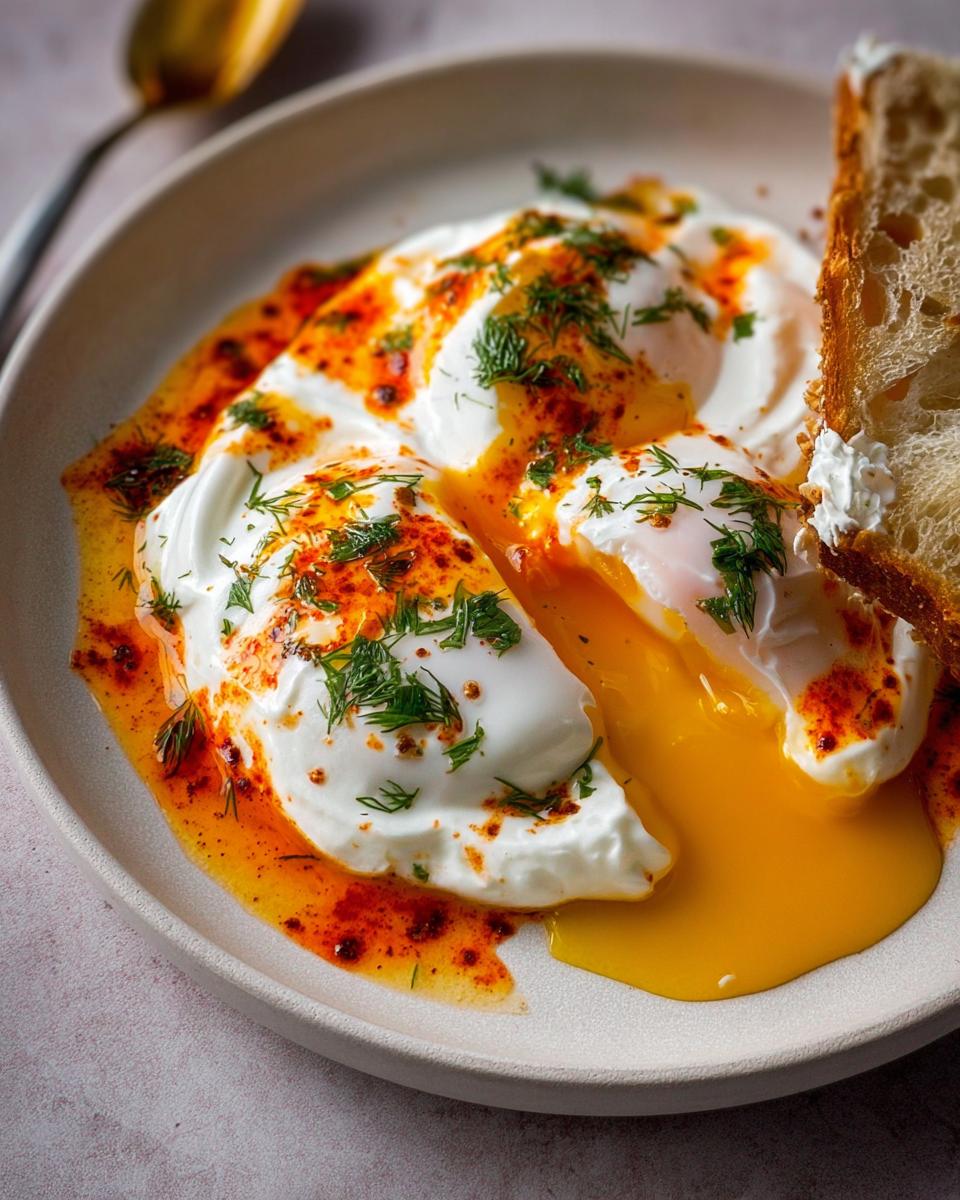 Close-up of Çılbır: Turkish Eggs with Creamy Yogurt & Butter Sauce, with runny yolks and dill.