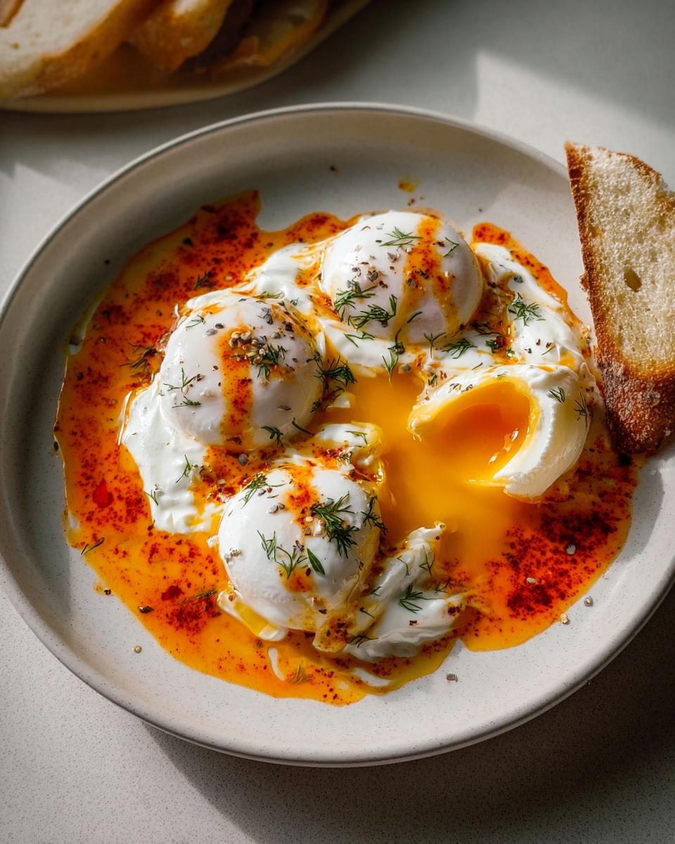 A plate of Çılbır, Turkish eggs with creamy yogurt, drizzled with chili butter sauce and garnished with dill.