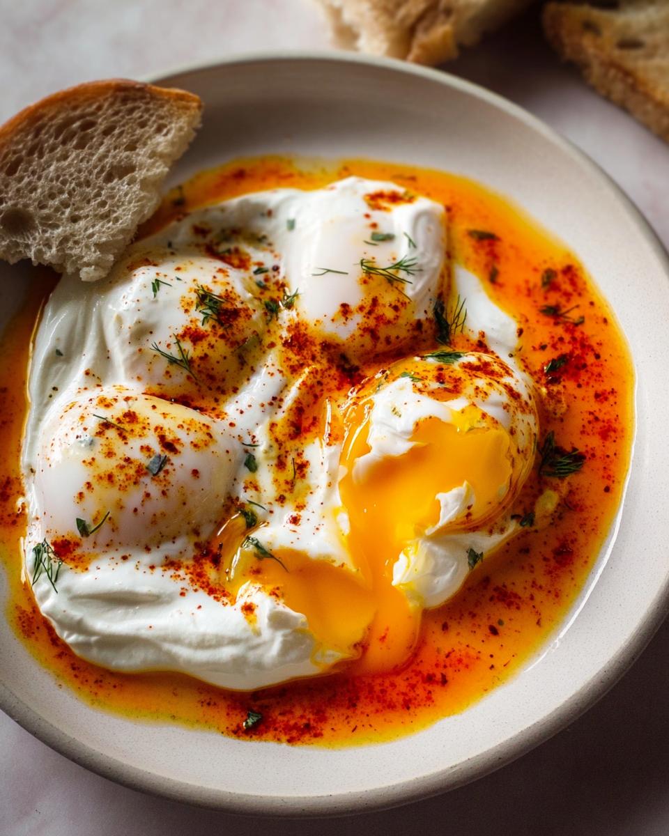 Close-up of Çılbır, Turkish eggs served on creamy yogurt with a vibrant red butter sauce and fresh dill.