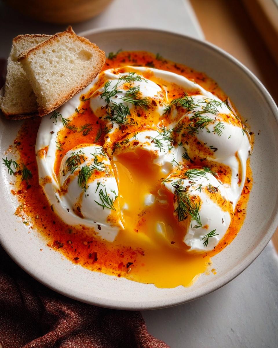 A close-up of Çılbır, Turkish eggs served over creamy yogurt with a drizzle of spiced butter sauce and fresh dill.
