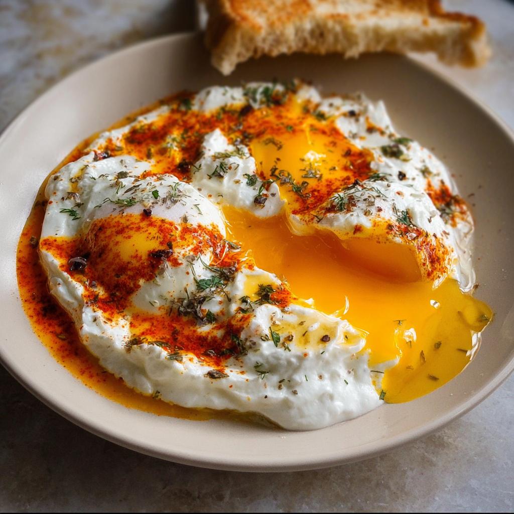 A close-up of Çılbır, Turkish eggs poached in creamy yogurt, topped with chili butter and herbs, with a piece of toast.