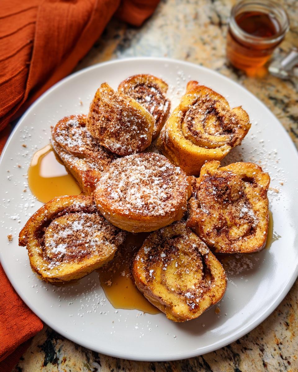 A plate of Cinnamon Roll French Toast Bites, dusted with powdered sugar and drizzled with syrup.