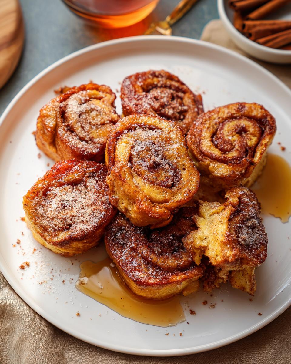 A plate of golden-brown Cinnamon Roll French Toast Bites dusted with sugar and drizzled with syrup.