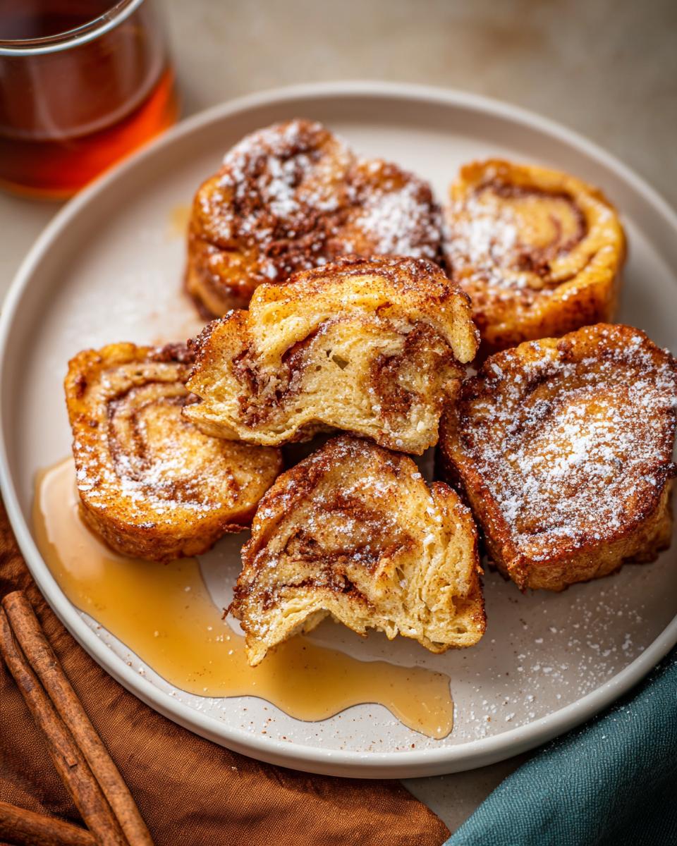 A plate of golden-brown Cinnamon Roll French Toast Bites drizzled with syrup and dusted with powdered sugar.