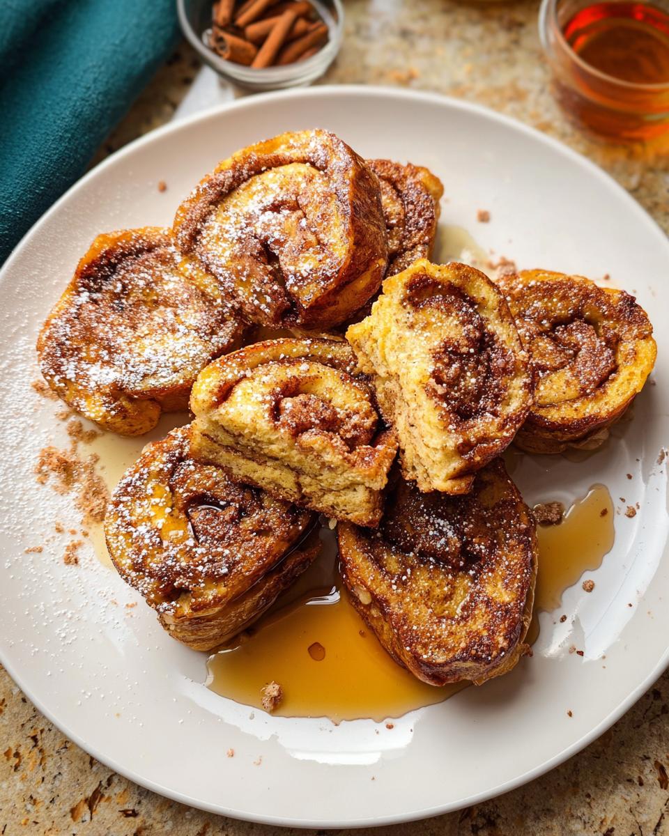 A plate of delicious Cinnamon Roll French Toast Bites, dusted with powdered sugar and drizzled with syrup.