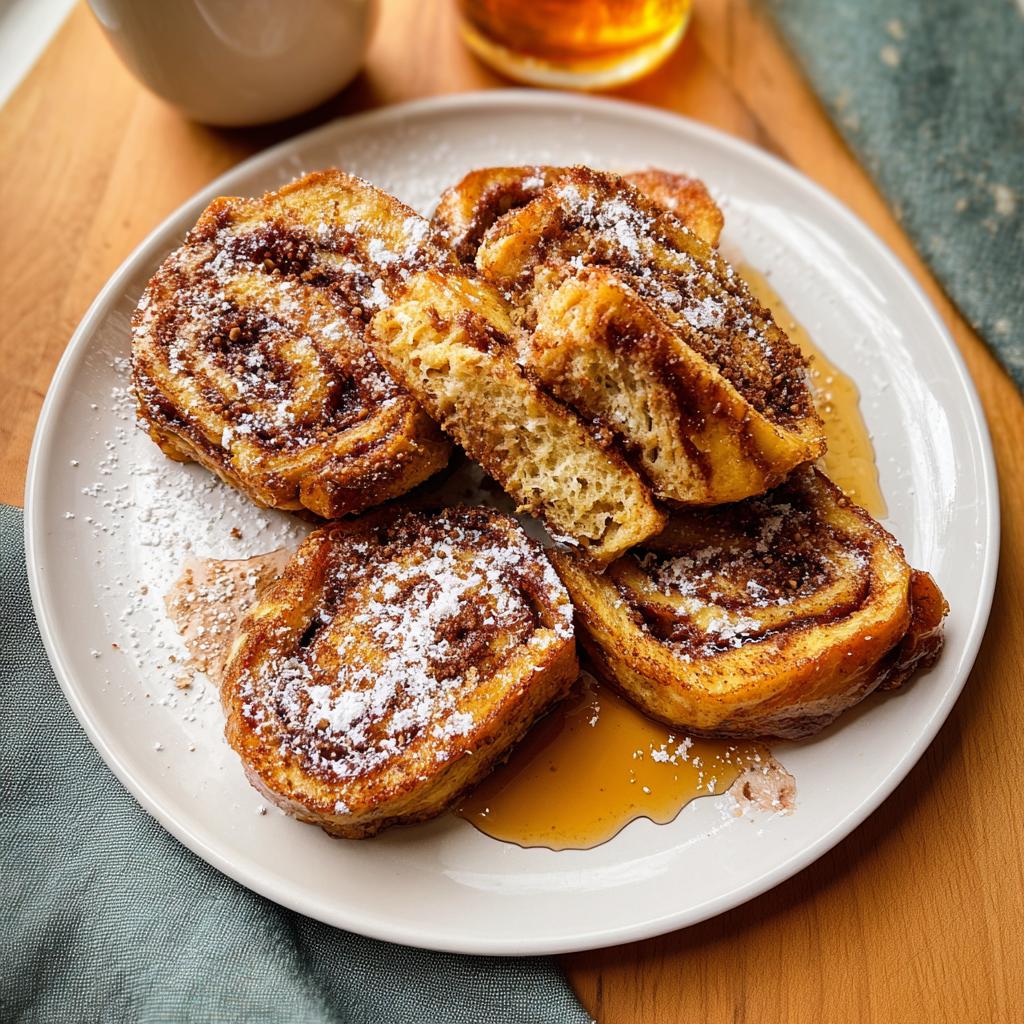 A plate of delicious Cinnamon Roll French Toast Bites drizzled with syrup and dusted with powdered sugar.