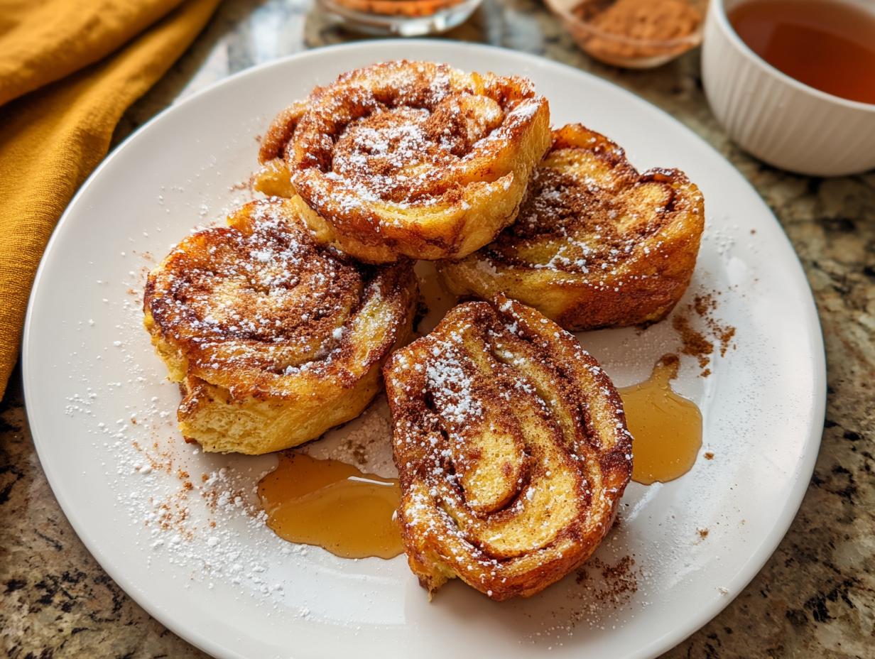 Close-up of Cinnamon Roll French Toast Bites dusted with powdered sugar and cinnamon, drizzled with syrup.