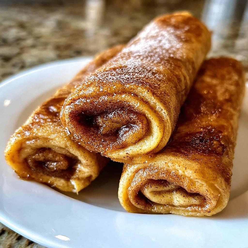 Close-up of three Cinnamon Roll French Toast Roll-Ups dusted with powdered sugar on a white plate.