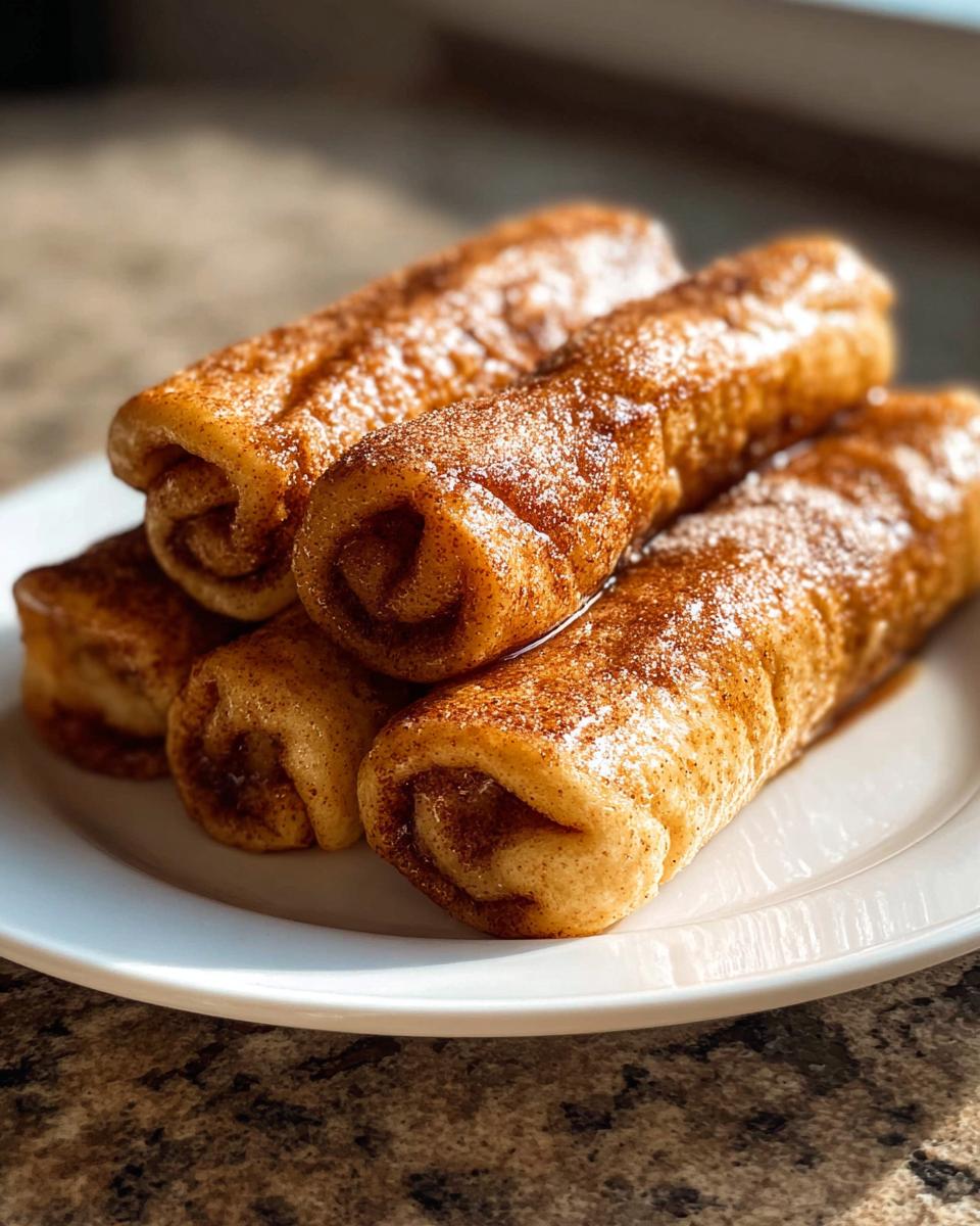 Close-up of Cinnamon Roll French Toast Roll-Ups dusted with cinnamon sugar on a white plate.