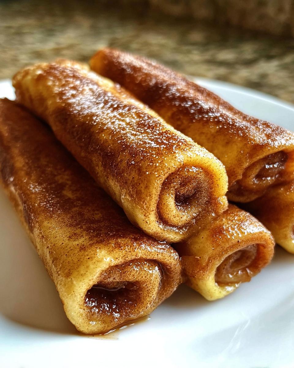 A close-up view of Cinnamon Roll French Toast Roll-Ups, dusted with cinnamon sugar and drizzled with syrup.
