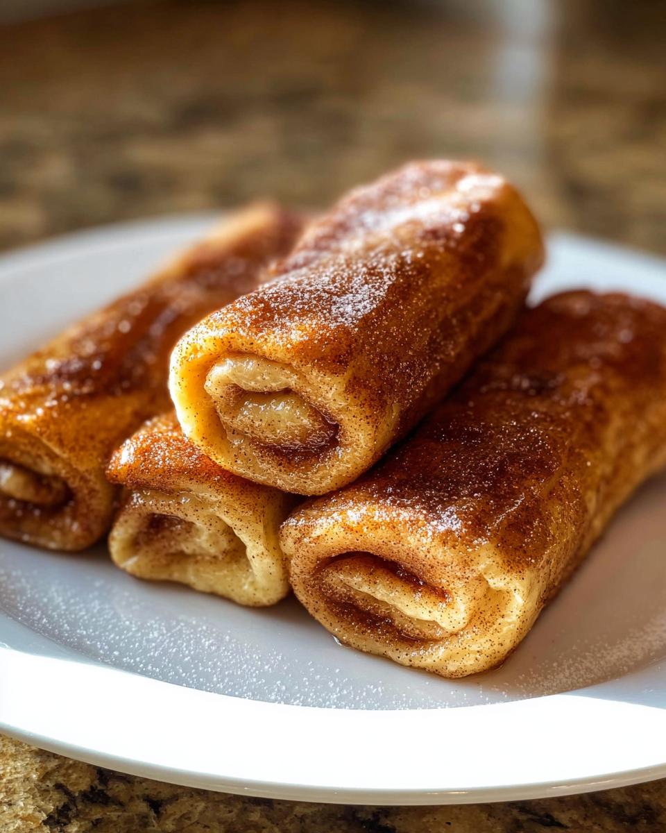A close-up of four Cinnamon Roll French Toast Roll-Ups dusted with powdered sugar and cinnamon.