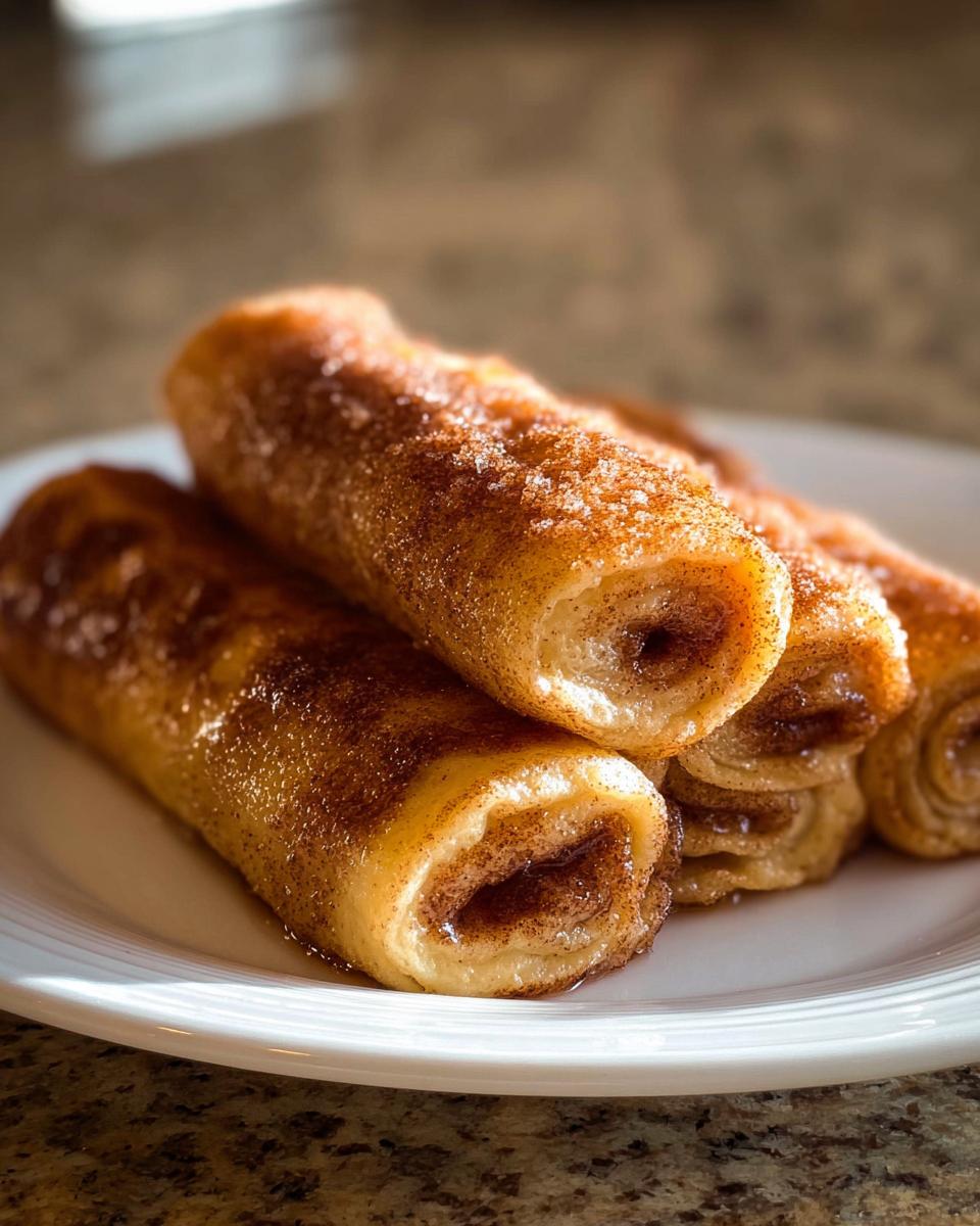 Close-up of delicious Cinnamon Roll French Toast Roll-Ups coated in cinnamon sugar on a white plate.