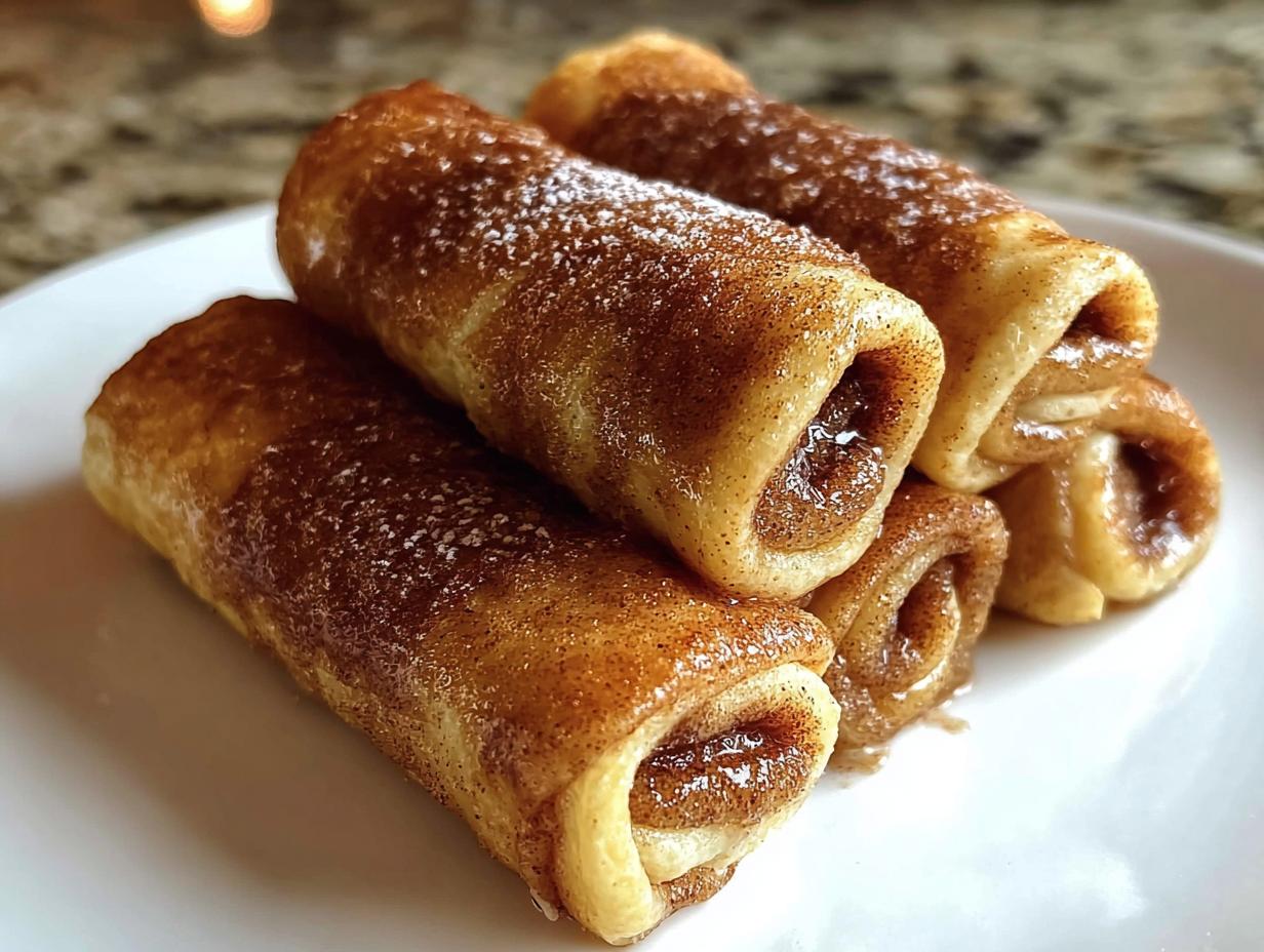 Close-up of delicious Cinnamon Roll French Toast Roll-Ups dusted with powdered sugar and cinnamon.
