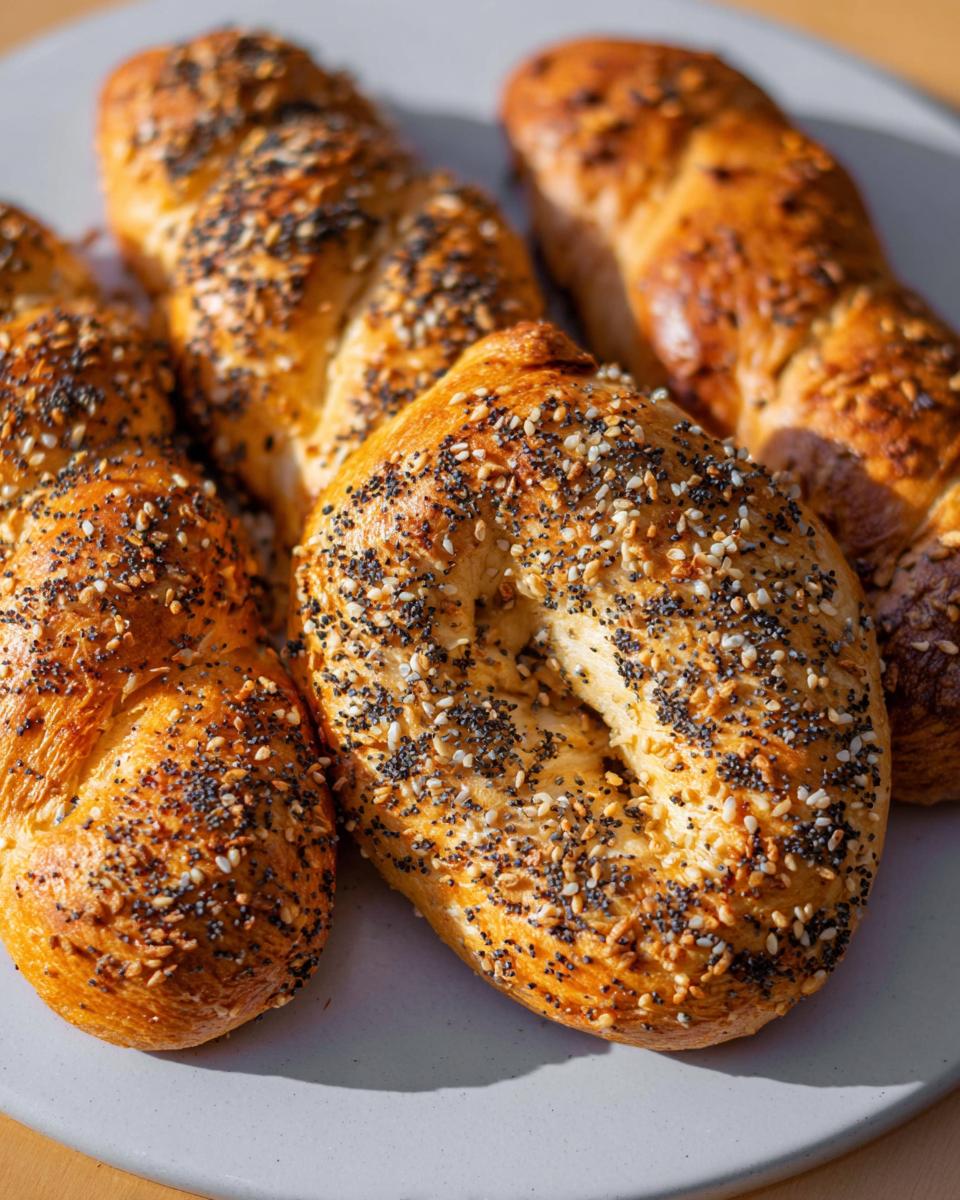 A close-up of golden-brown cottage cheese flagels topped with everything bagel seasoning, including poppy seeds and sesame seeds.
