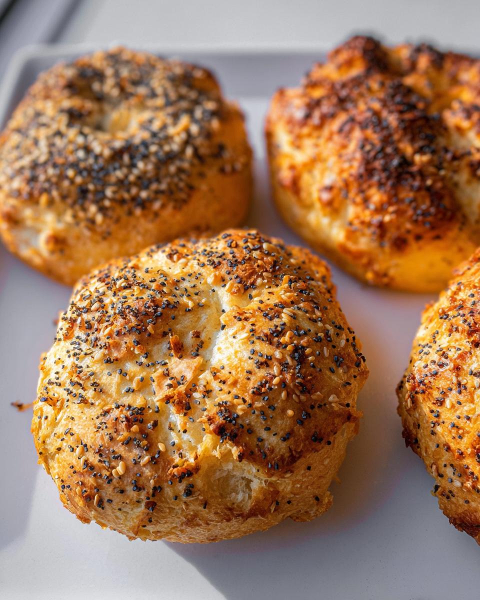 Close-up of four golden-brown cottage cheese flagels topped with everything bagel seasoning.