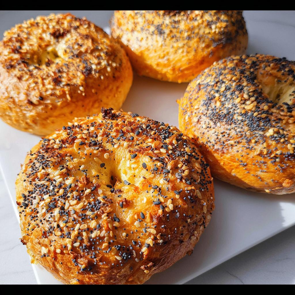 A close-up of four golden-brown cottage cheese flagels topped with everything bagel seasoning.