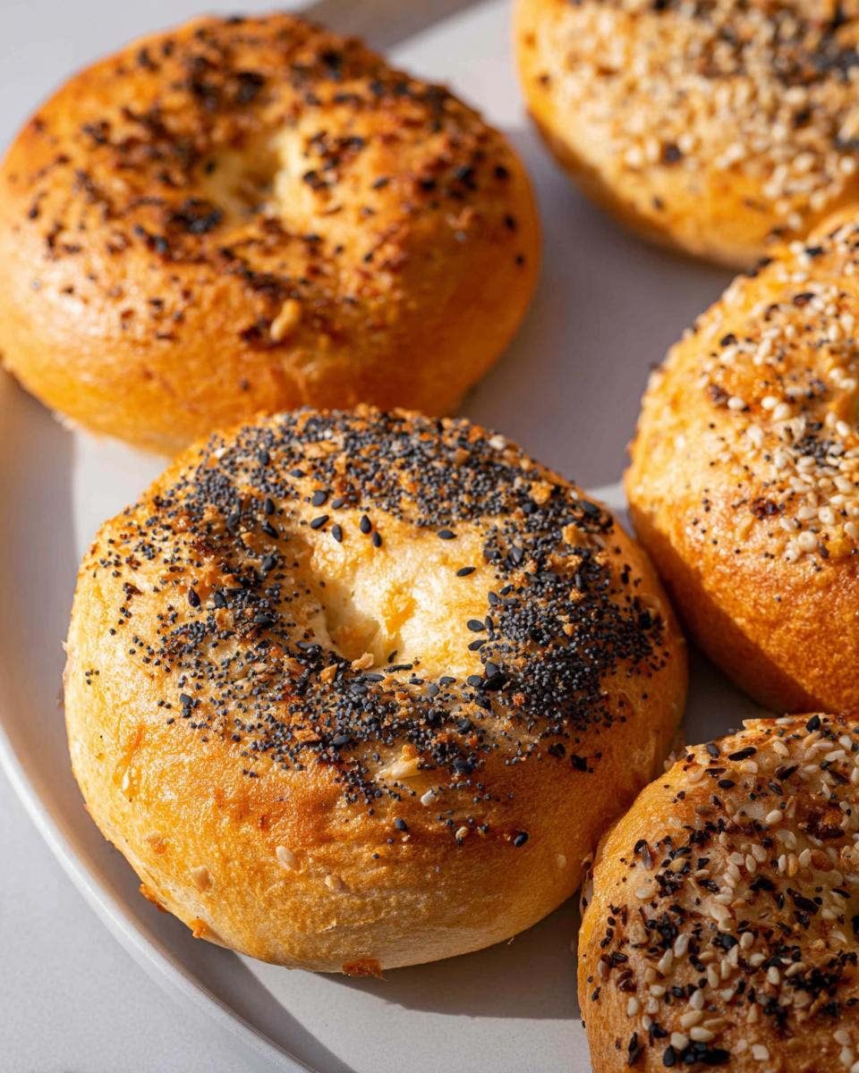 Close-up of freshly baked cottage cheese flagels topped with poppy seeds and sesame seeds.