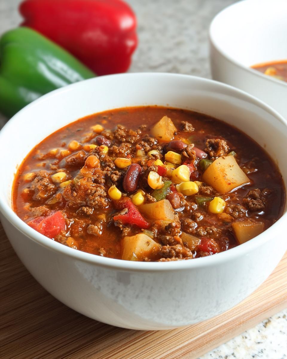 A close-up of a bowl of Cowboy Soup, featuring ground beef, beans, corn, potatoes, and diced tomatoes.
