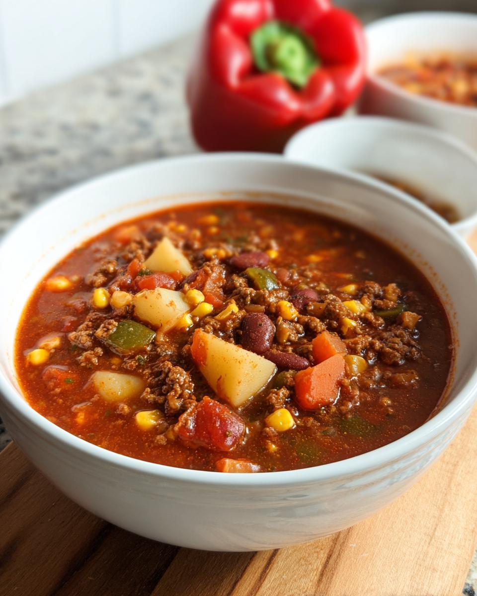 A close-up of a bowl of Cowboy Soup, featuring ground beef, potatoes, corn, beans, and carrots in a rich broth.