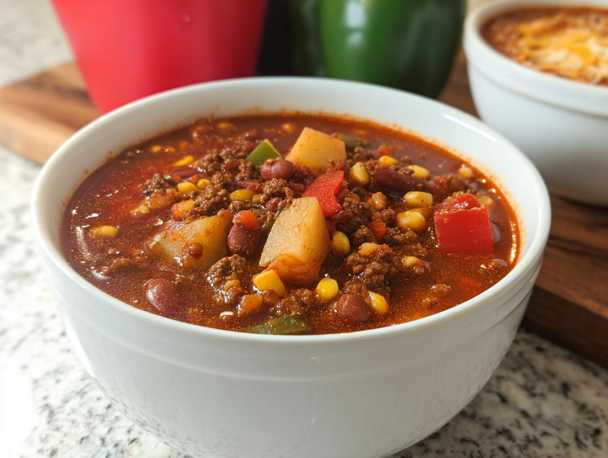 A close-up of a white bowl filled with hearty Cowboy Soup, featuring ground beef, potatoes, corn, and beans in a rich broth.