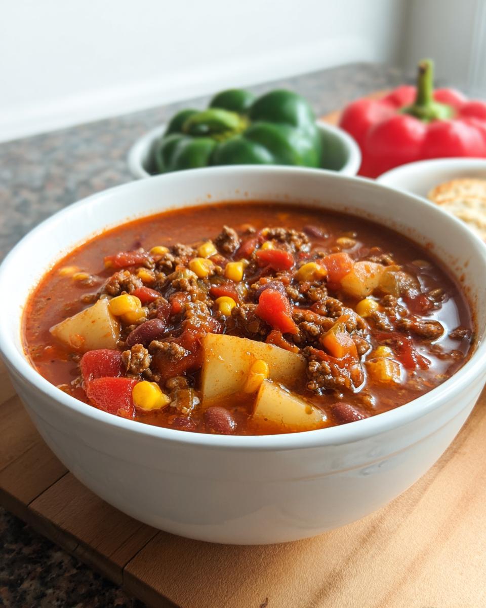 A close-up of a bowl of Cowboy Soup, showing chunks of potatoes, corn, beans, and ground beef in a rich tomato broth.
