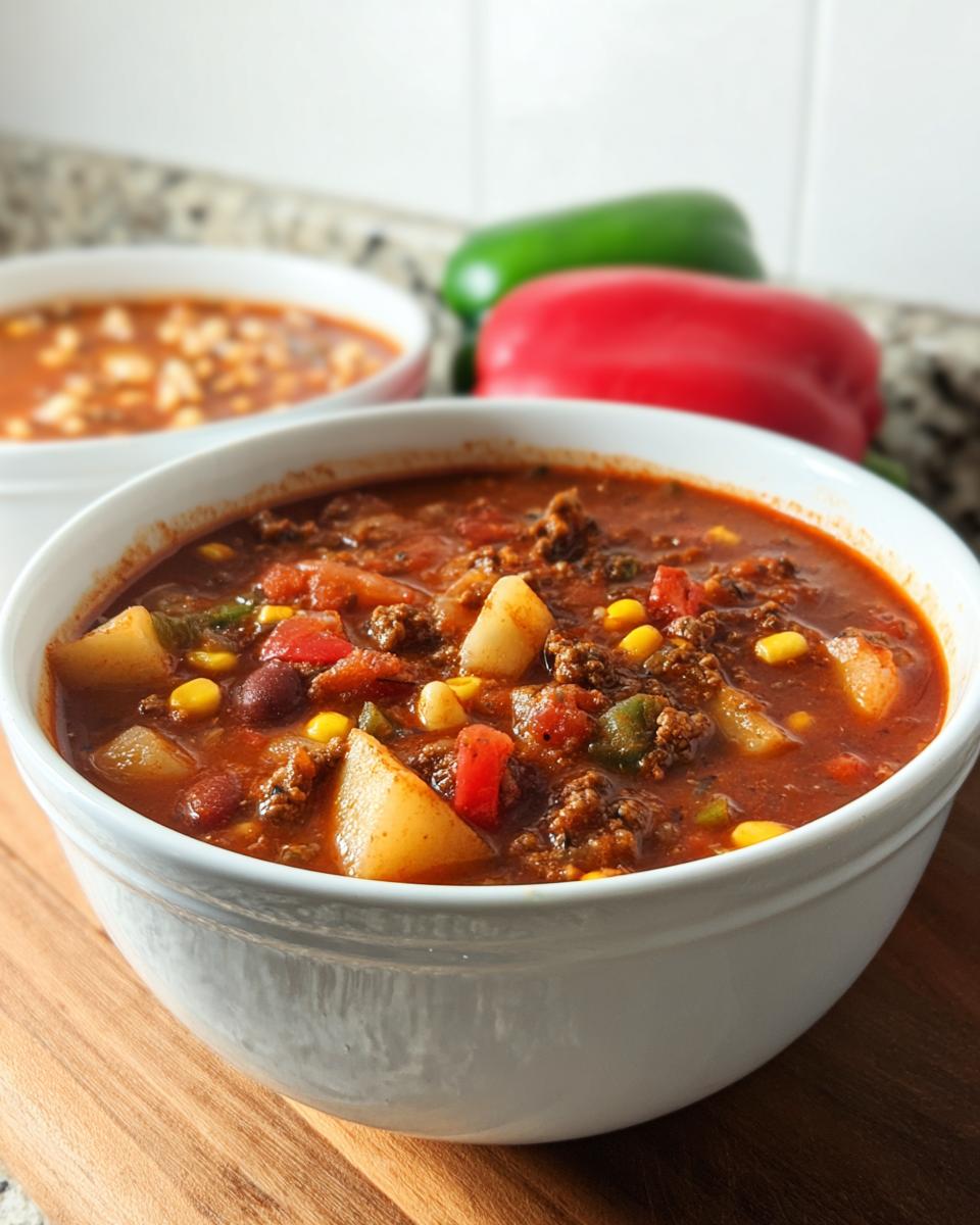 A close-up of a bowl of Cowboy Soup, featuring ground beef, potatoes, corn, beans, and diced tomatoes.