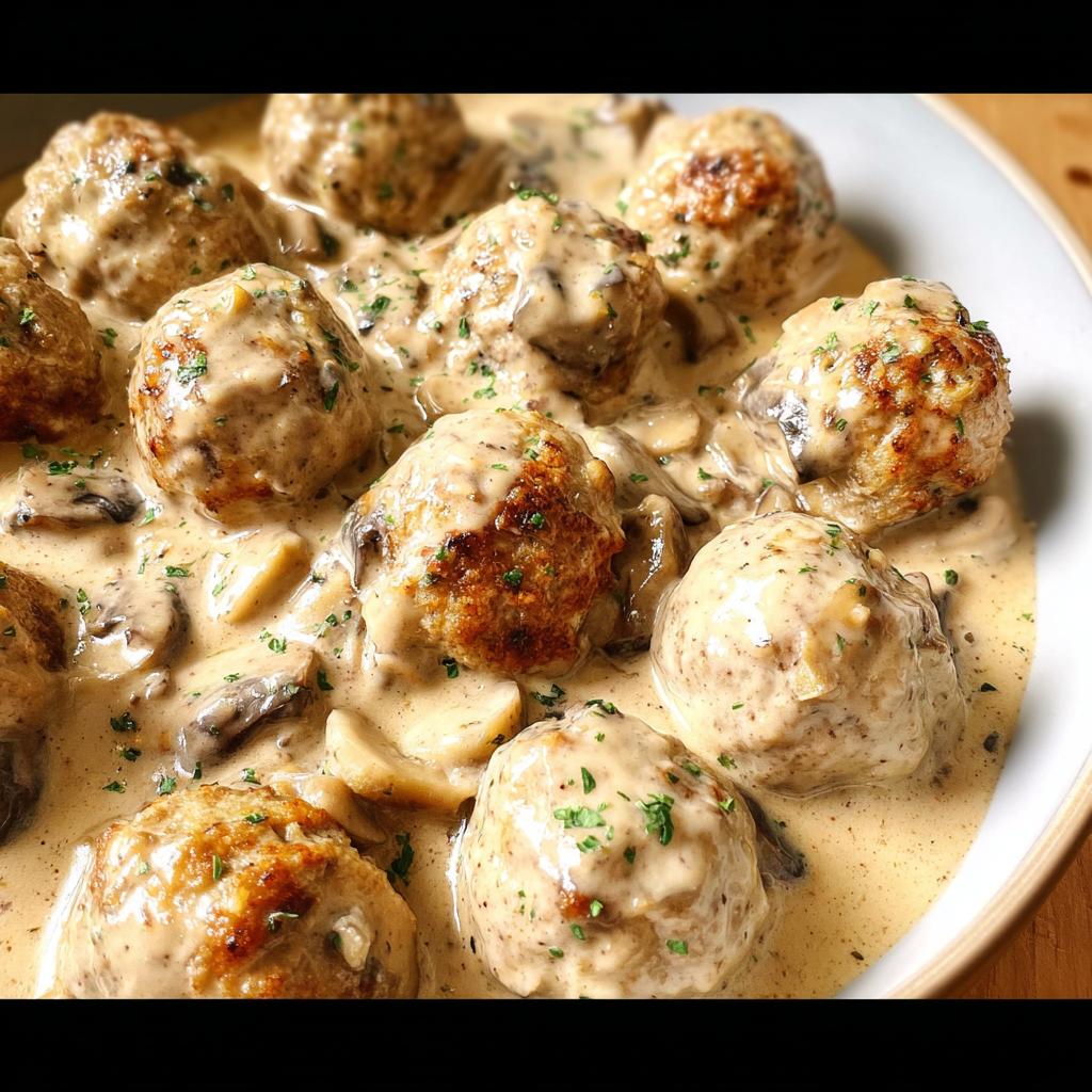 A close-up of delicious Creamy Mushroom Chicken Meatballs swimming in a rich, creamy mushroom sauce, garnished with parsley.