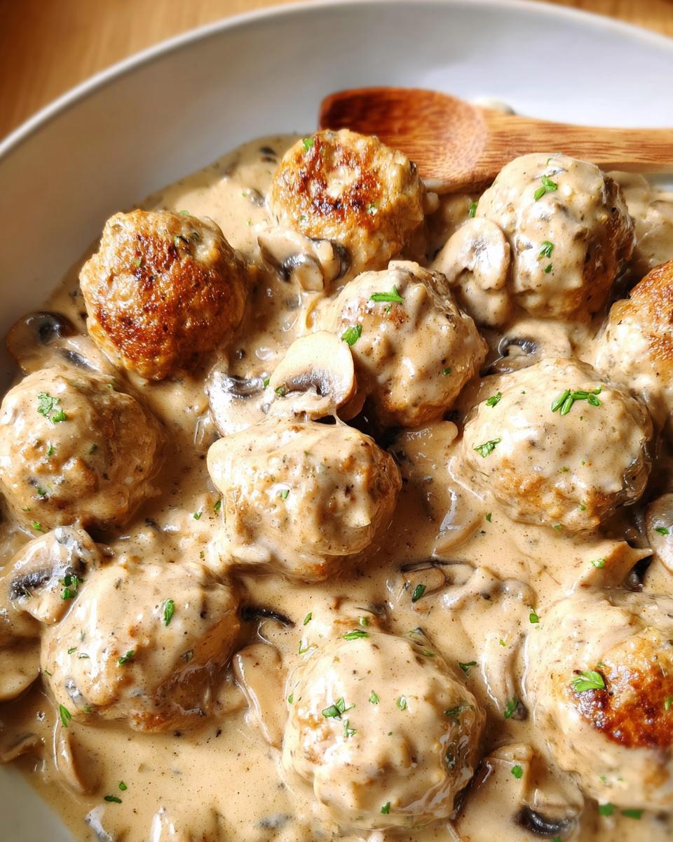 Close-up of Creamy Mushroom Chicken Meatballs in a rich, savory sauce with sliced mushrooms and parsley.