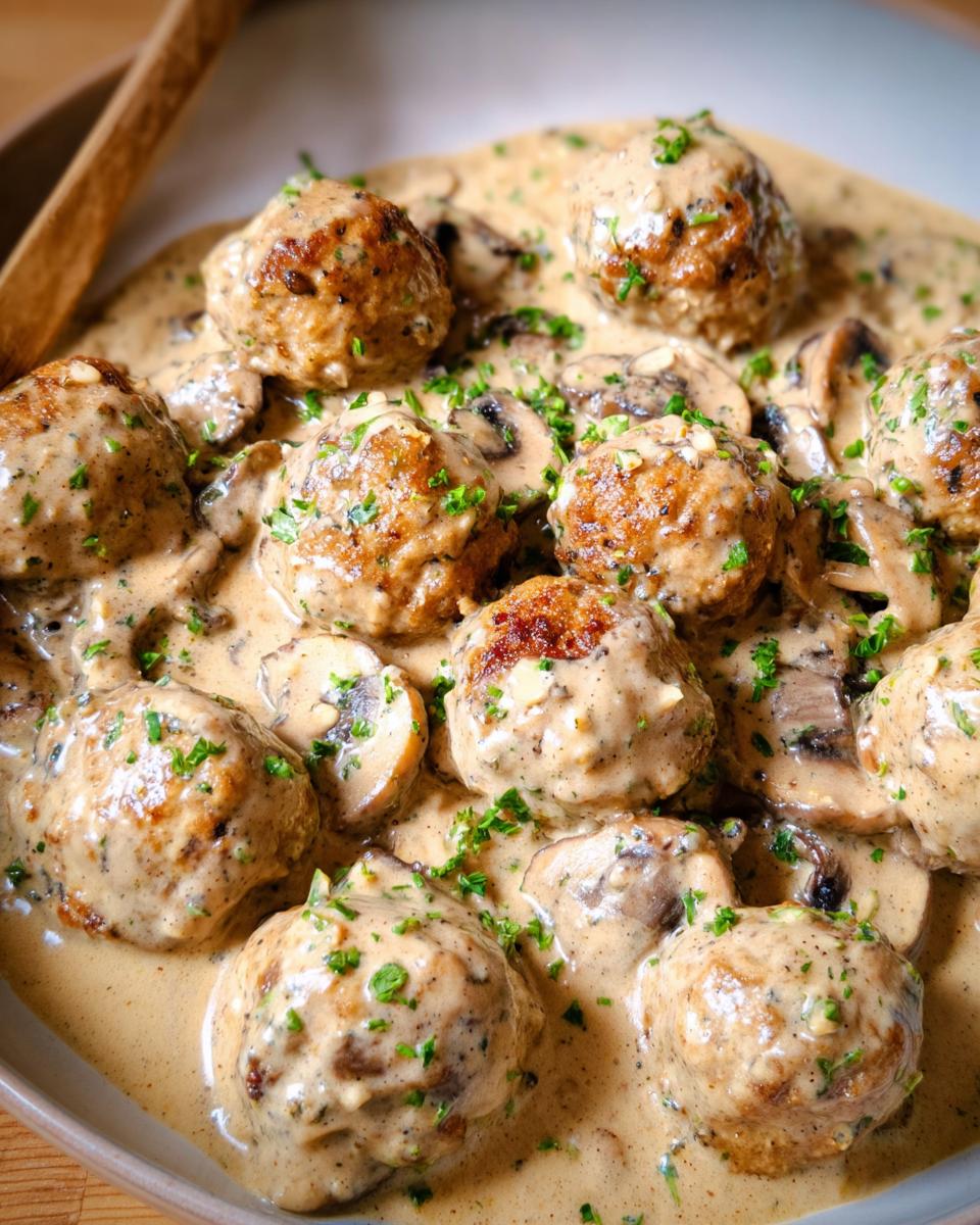 Close-up of Creamy Mushroom Chicken Meatballs nestled in a rich, creamy mushroom sauce, garnished with fresh parsley.