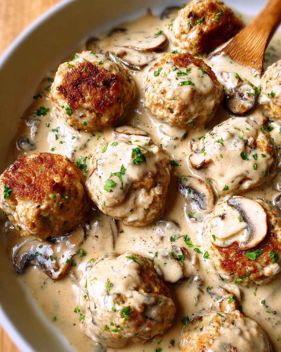 Close-up of golden-brown Creamy Mushroom Chicken Meatballs swimming in a rich, creamy mushroom sauce, garnished with parsley.
