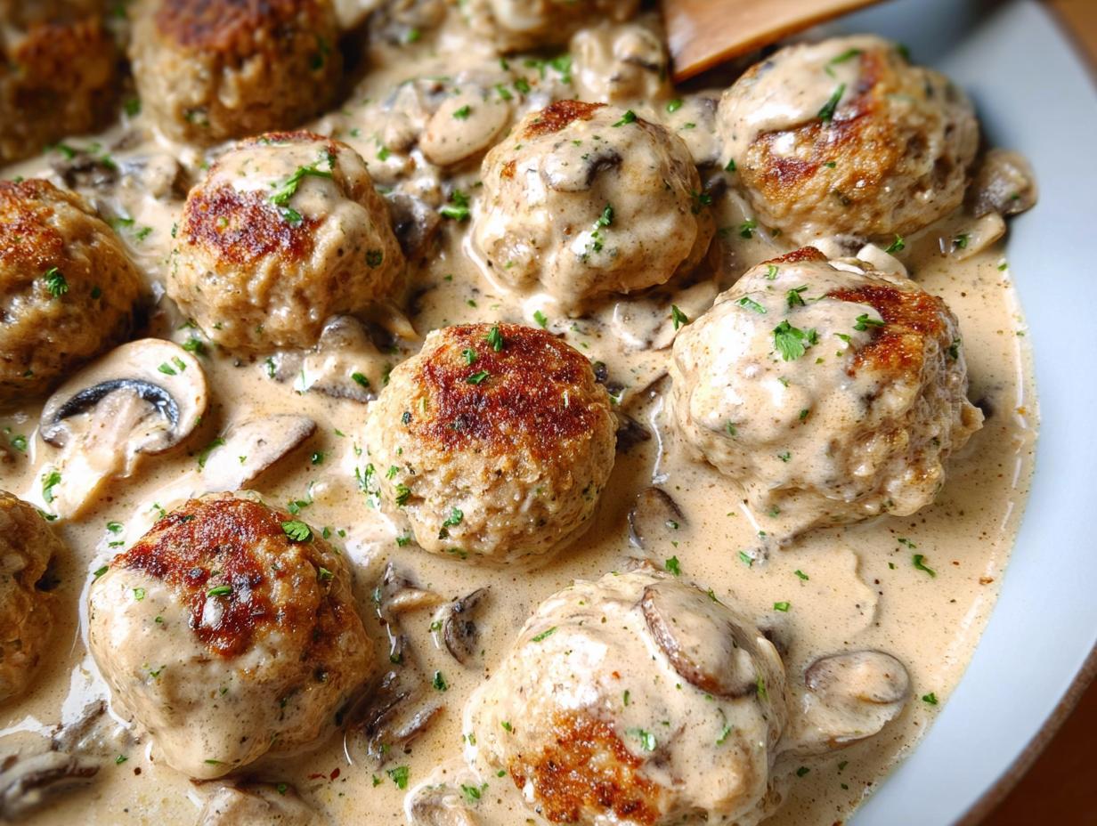 Close-up of delicious Creamy Mushroom Chicken Meatballs simmering in a rich mushroom sauce, garnished with parsley.