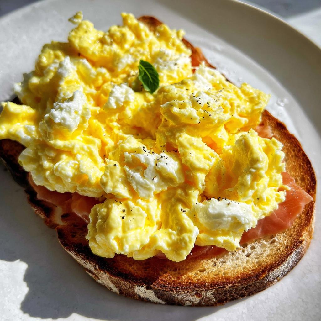 Close-up of Creamy Ricotta Egg Toast topped with scrambled eggs, ricotta, and prosciutto.