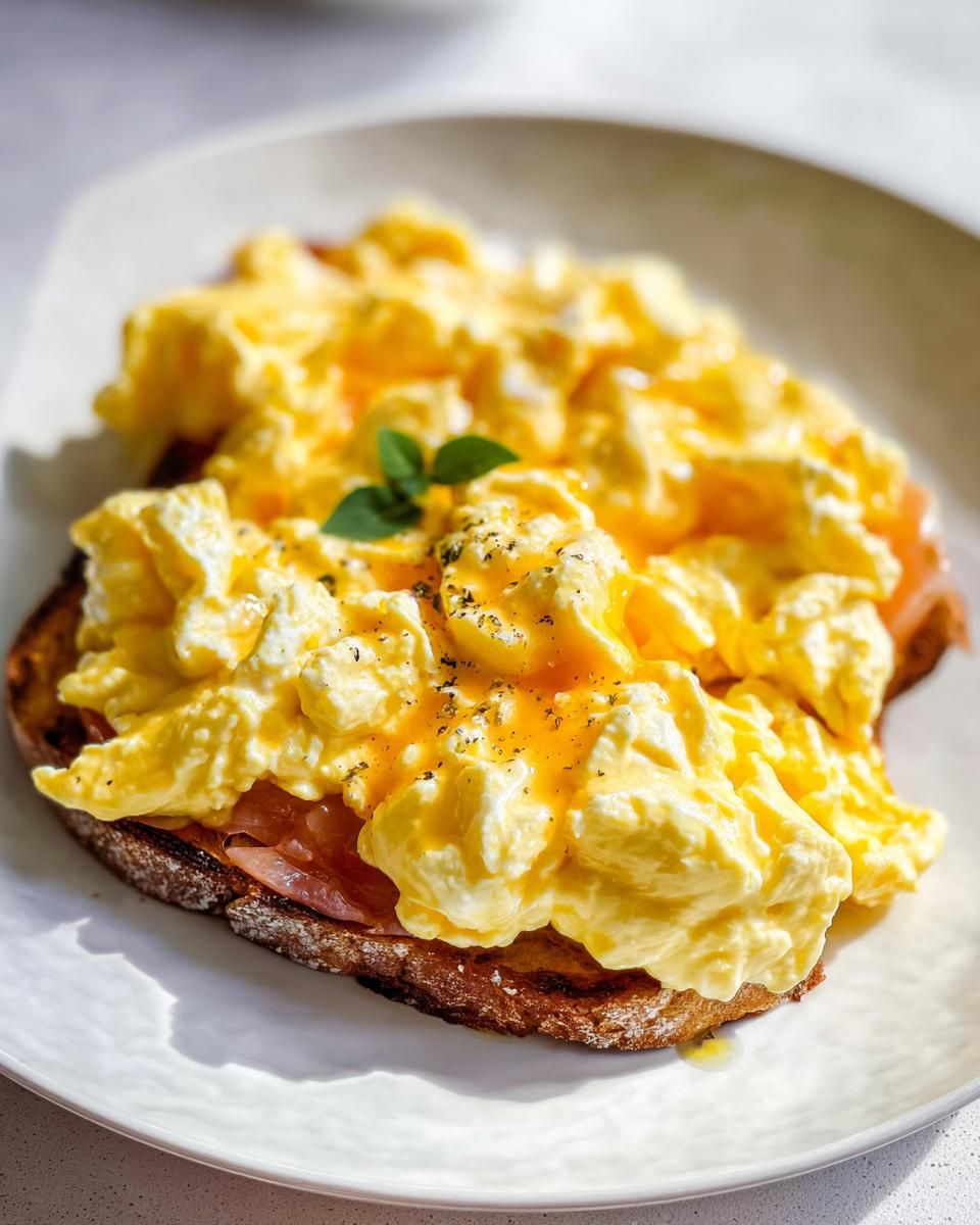 A slice of toast topped with ham and fluffy scrambled eggs, seasoned with herbs, for Creamy Ricotta Egg Toast.