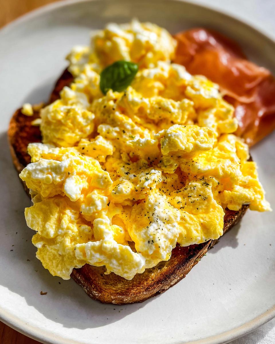Close-up of creamy ricotta egg toast topped with fluffy scrambled eggs, seasoned with herbs, and served with smoked salmon.