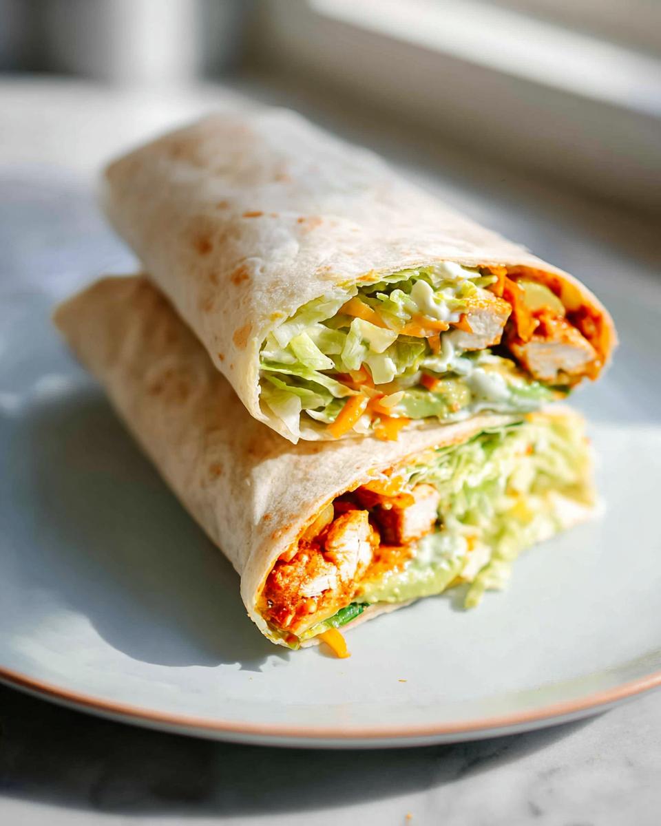 Two wraps filled with creamy spinach, eggs, chicken, avocado, and shredded lettuce.