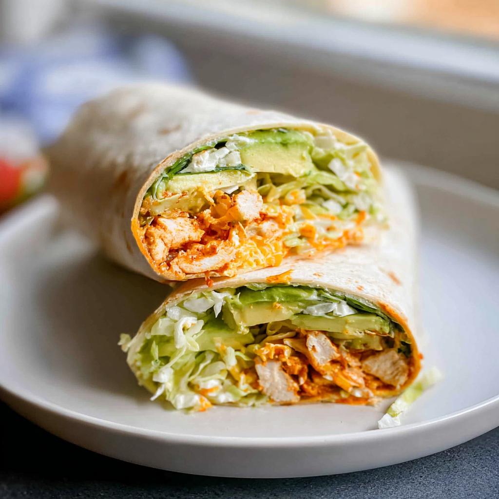 A delicious wrap cut in half, showcasing creamy spinach and eggs filling with chicken, avocado, and shredded lettuce.
