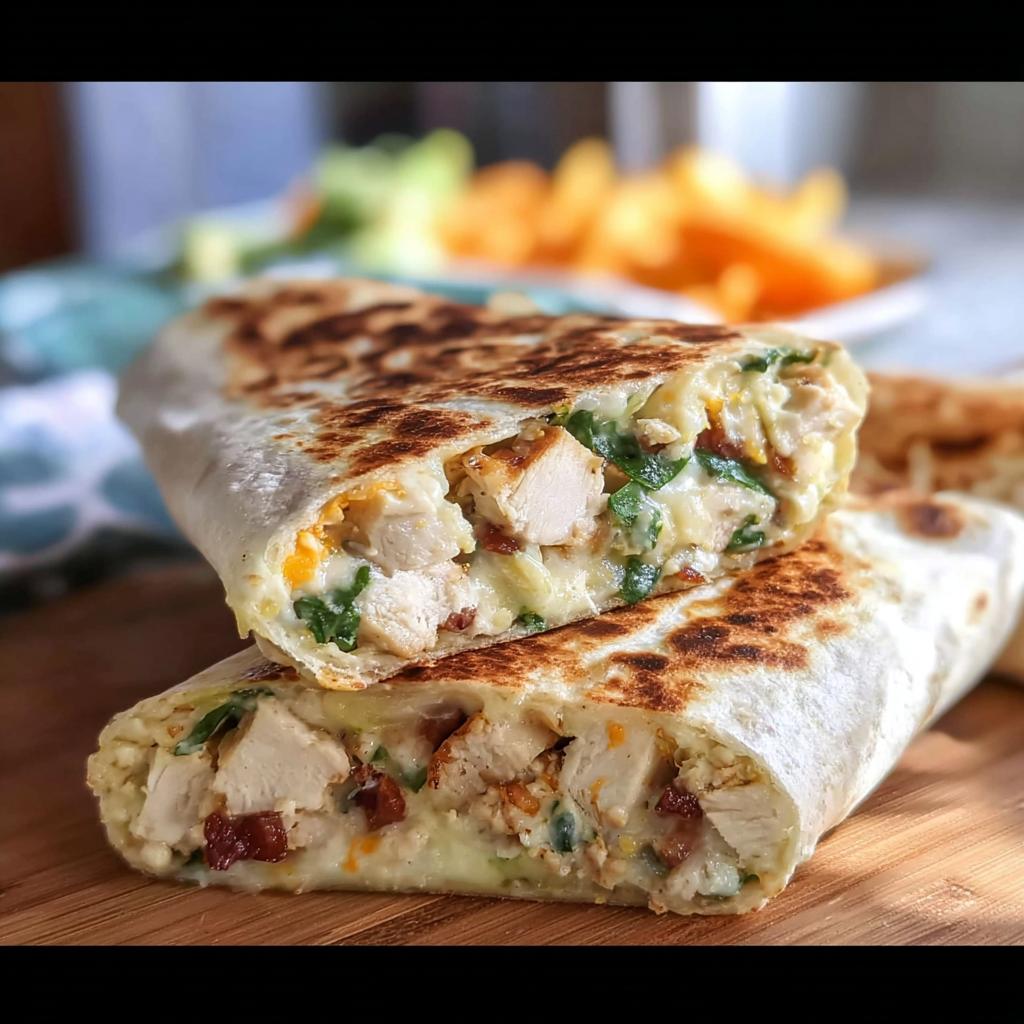 A close-up of a crispy chicken bacon wrap, cut in half, revealing tender chicken, bacon, and greens.