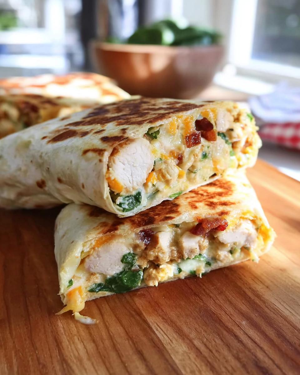 A close-up of a Crispy Chicken Bacon Wrap cut in half, revealing tender chicken, crispy bacon, cheese, and spinach.