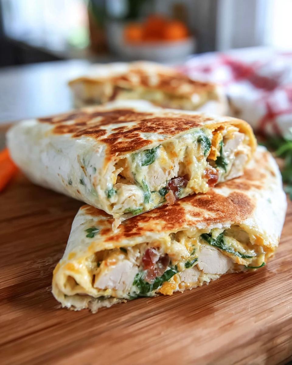 A close-up of a crispy chicken bacon wrap cut in half, revealing tender chicken, bacon, spinach, and melted cheese.