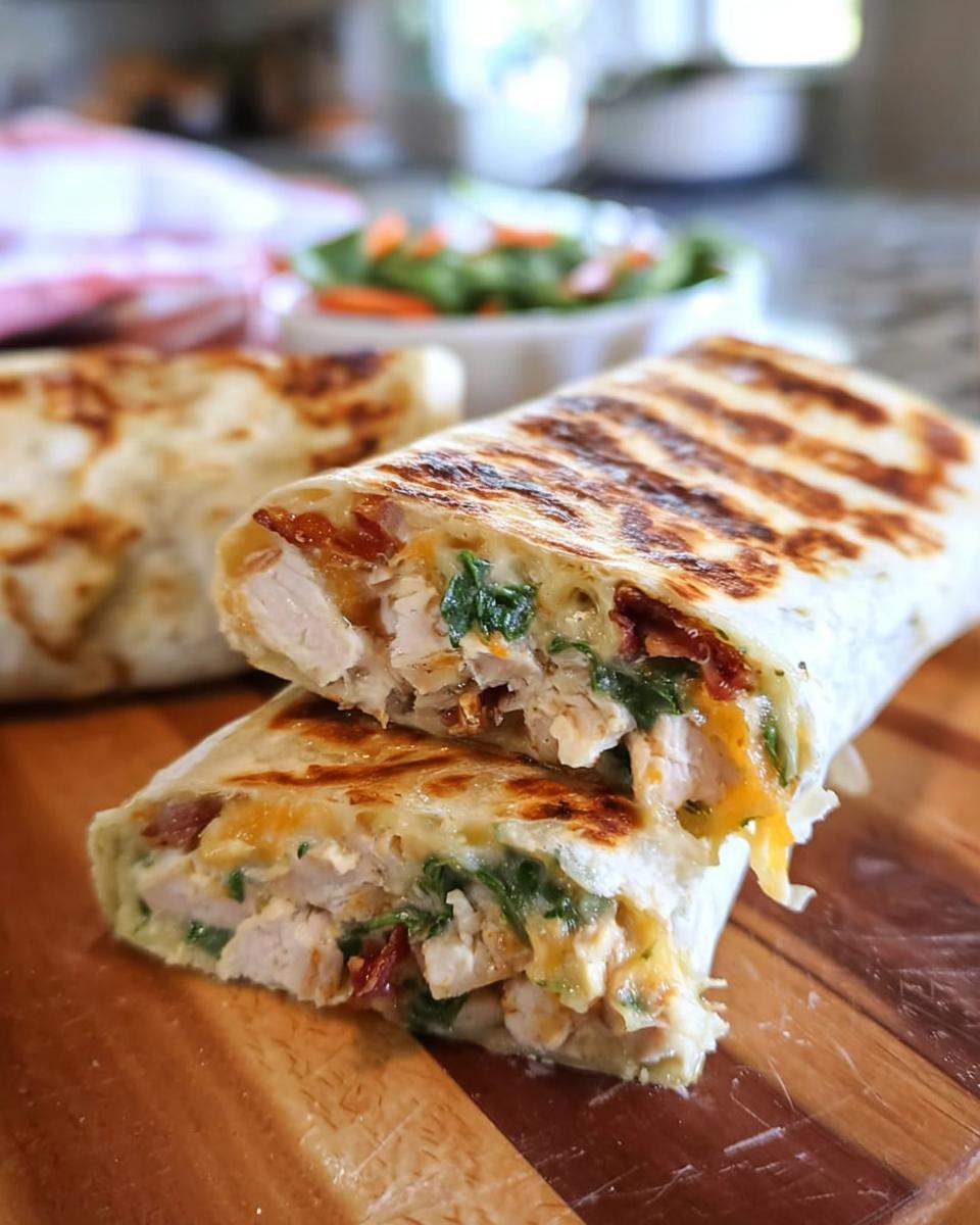 A halved Crispy Chicken Bacon Wrap filled with chicken, bacon, cheese, and greens, grilled to perfection.