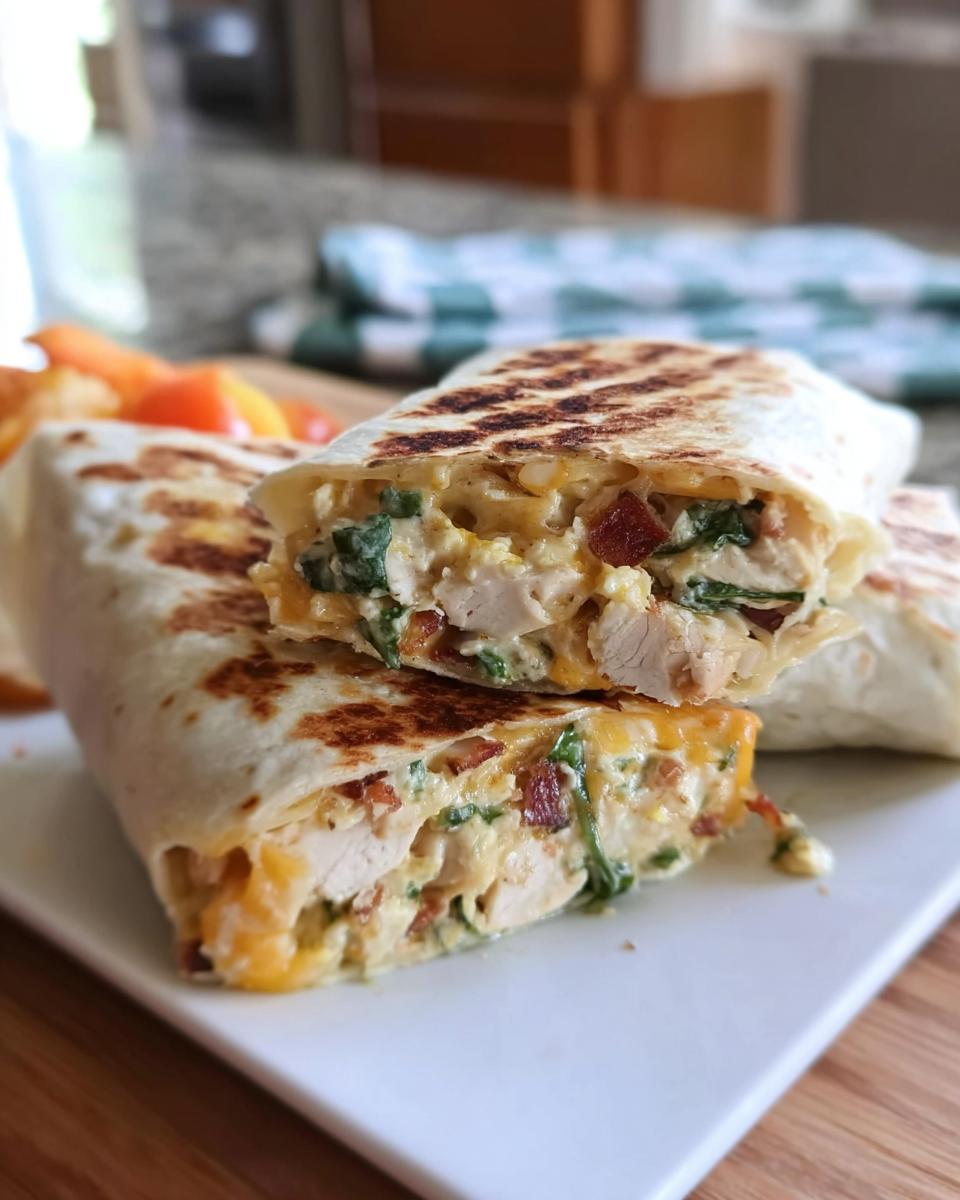 A close-up of a sliced Crispy Chicken Bacon Wrap filled with chicken, bacon, cheese, and spinach.